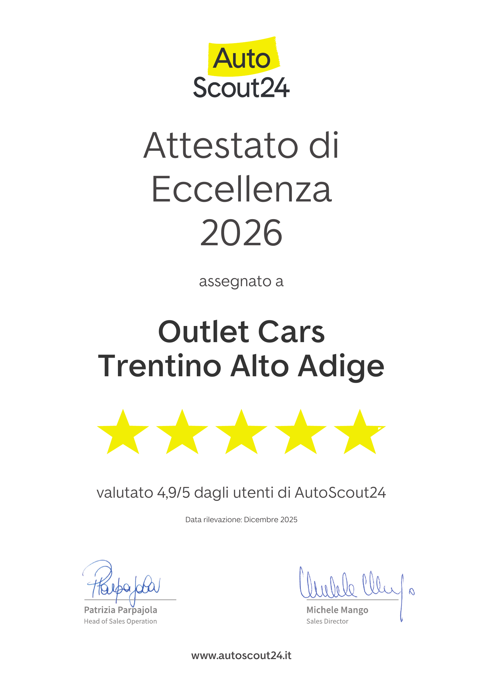 Attestato di Eccellenza AutoScout24 2026 assegnato a Outlet Cars Trentino Alto Adige, valutato 4,9 su 5 dagli utenti; rilevazione dicembre 2025.